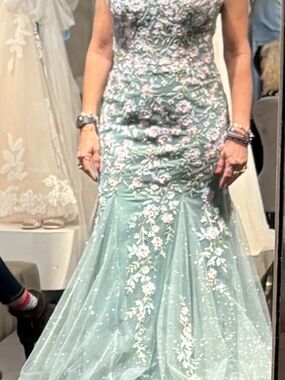 Embroidered Floral Sage Green Mermaid Gown